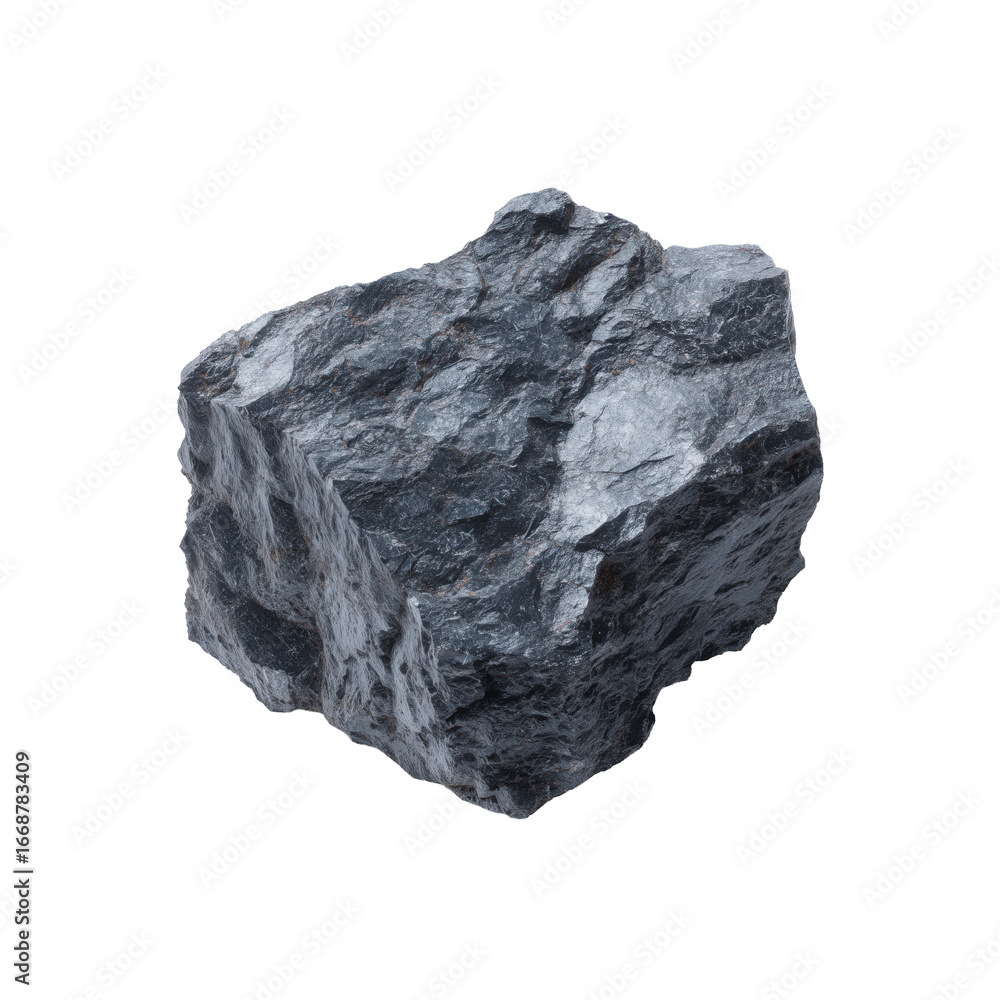 Obraz premium Solid black mineral rock with natural texture and irregular shape, photographed on a white background for geology or industry themes. 