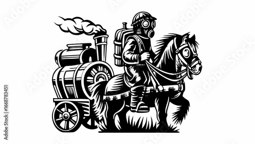 Illustration of a person in a gas mask riding a horse pulling a steam engine in black and white style | editable eps vectors silhouette