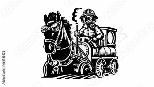 Steampunk horse pulling a train engine with a figure wearing a helmet and goggles in black and white | editable eps vectors silhouette