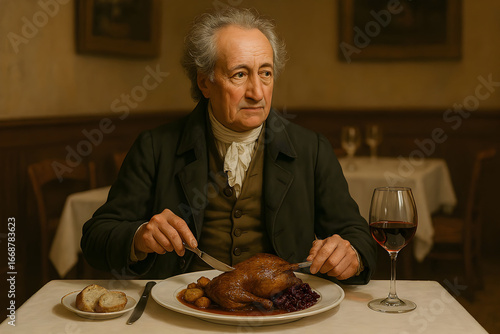 Johann Wolfgang von Goethe sitzt am Tisch und isst eine Ente und trinkt dazu Rotwein
