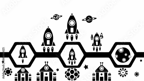 Illustration of space themed elements including rockets planets and alien houses in black and white style | editable eps vectors silhouette