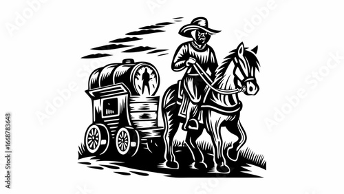 Black and white illustration of a cowboy riding a horse pulling a wagon with a large barrel on it | editable eps vectors silhouette