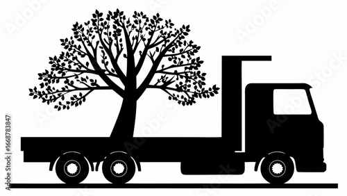 Silhouette of a tree loaded on a flatbed truck with detailed branches and leaves in black and white design | editable eps vectors