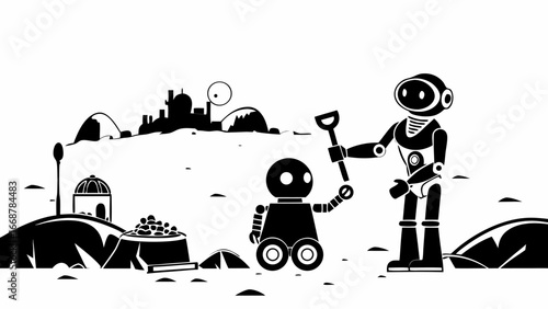 Two robots on a monochrome landscape with one holding a shovel near a pot of gold and buildings | editable eps vectors silhouette