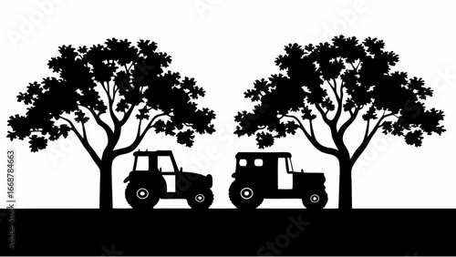Two tractors in a black silhouette under trees with dense foliage creating a rural landscape scene image | editable eps vectors