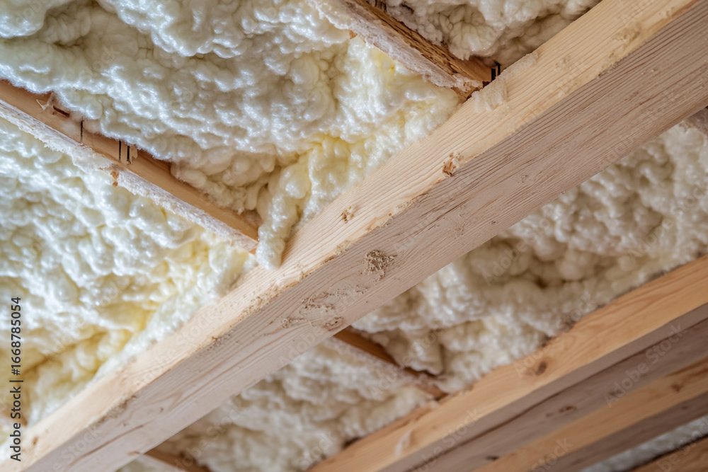 Obraz premium Spray foam insulation filling wooden ceiling joists home improvement project