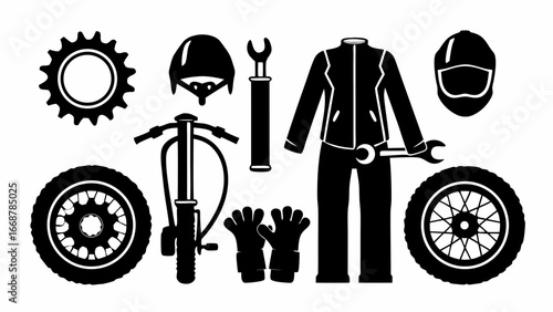Illustration of motorcycle gear and parts including helmet jacket gloves and various tools and components | editable eps vectors silhouette
