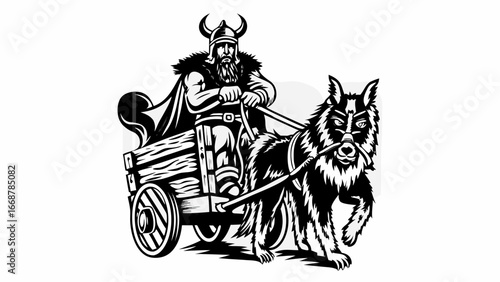 Viking with horned helmet riding a cart pulled by a large wolf in a black and white illustration | editable eps vectors silhouette