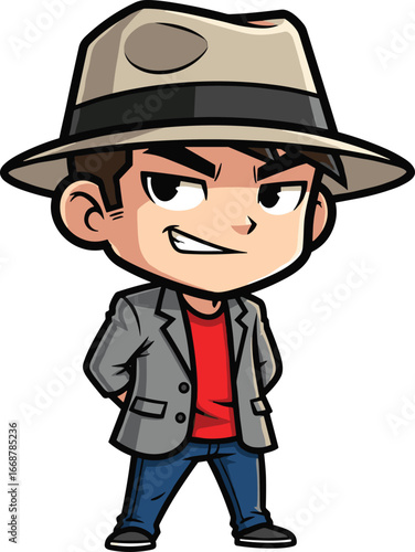 Cartoon boy in stylish fedora hat and blazer, confident pose, modern street fashion character, cool attitude vector illustration, urban cartoon style