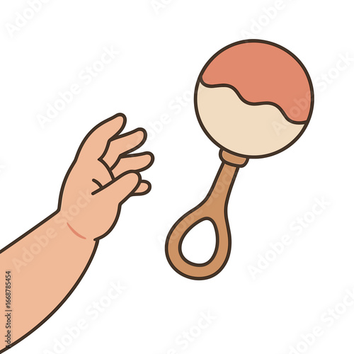 Baby hand reaching for colorful rattle toy in playful design  