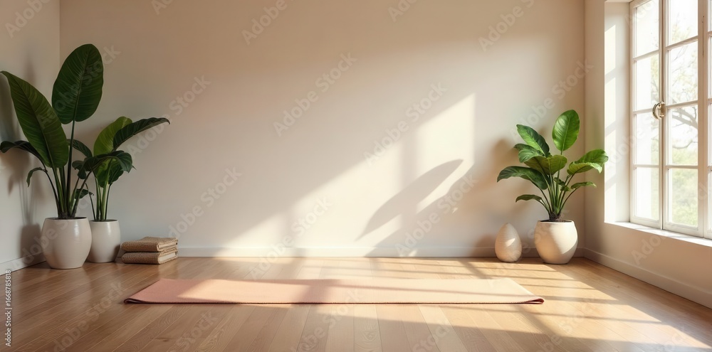 Fototapeta A serene yoga background with mats and props set up in a tranquil studio, ready for a calming practice , wellness, studio
