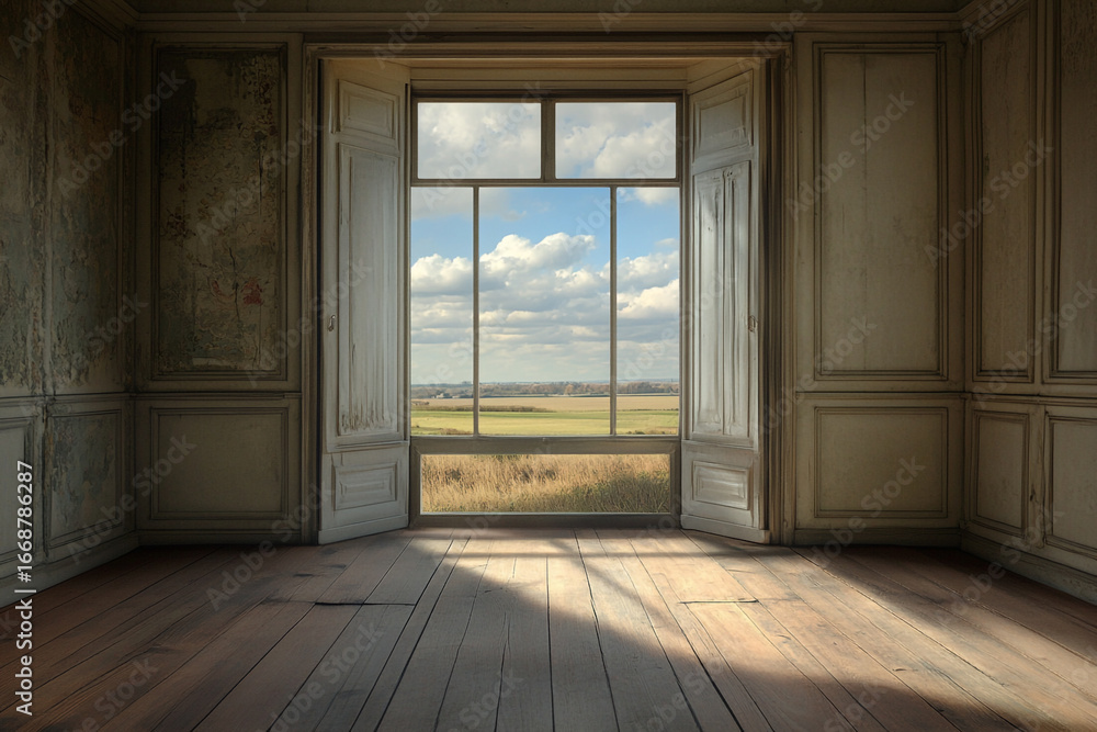 Obraz premium Sunlit rustic room with open French doors revealing a scenic landscape view