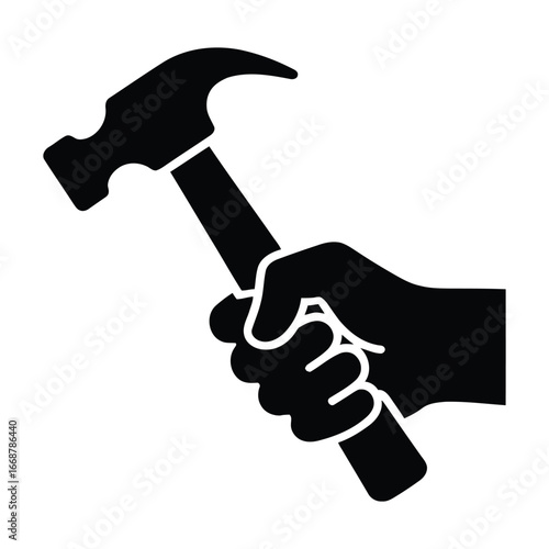 Hand holding hammer simple black icon isolated on white background