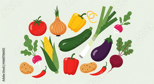 Assortment of fresh vegetables and produce arranged on a light background