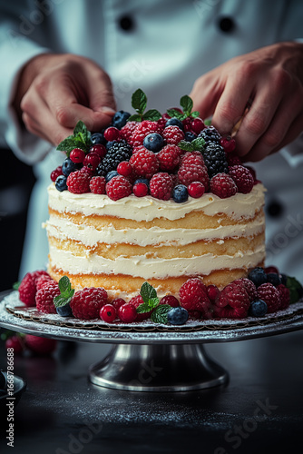 A pastry chef's hands carefully decorating a homemade naked cake with fresh, vibrant raspberries and blackberries. A focus on artisan craftsmanship and fresh ingredients