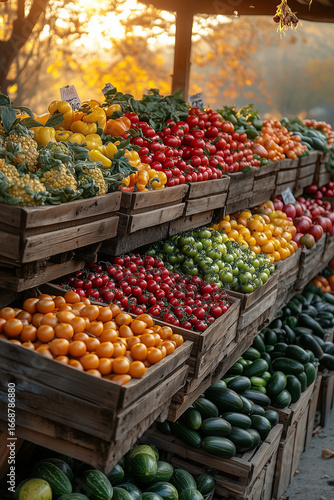A vibrant and colorful farmers market stand with fresh organic bell peppers and other vegetables arranged in rustic wooden crates, creating a rich visual texture