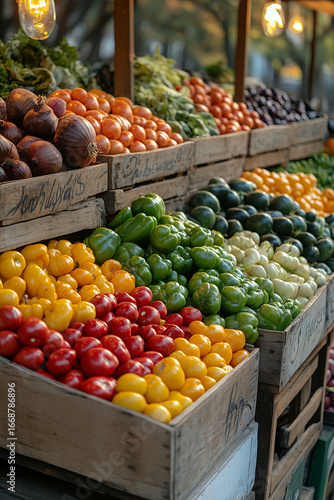 A vibrant and colorful farmers market stand with fresh organic bell peppers and other vegetables arranged in rustic wooden crates, creating a rich visual texture