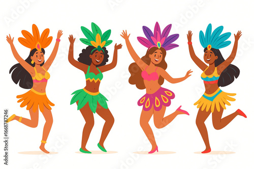 Samba carnival dancers vector illustration in colorful feather costumes