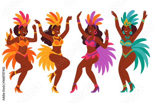 Samba carnival dancers vector illustration in colorful feather costumes