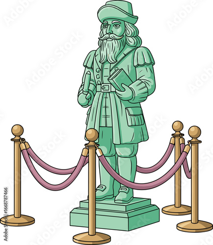 Detailed vector illustration of historic green statue with book and scroll, surrounded by museum stanchions, classic sculpture art, cultural heritage concept design