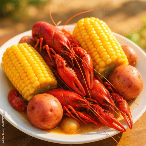 Delicious southern crawfish boil with corn and potatoes on a sunlit table