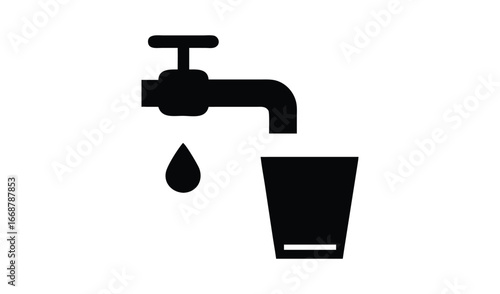 Black silhouette of a water faucet dripping into a glass