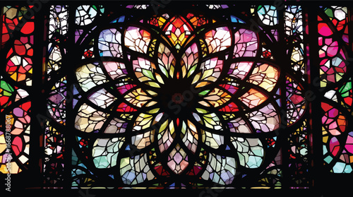 Colorful Stained Glass Rose Window With Intricate Floral Design and Black Background vector.