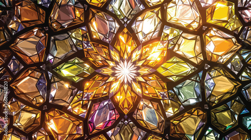 Golden floral stained glass window with intricate geometric patterns and warm light vector.