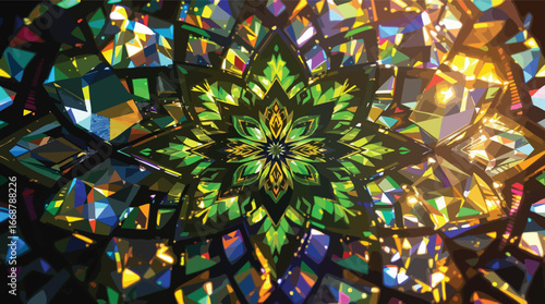 Green and gold kaleidoscopic stained glass with vibrant jewel tones and symmetrical starburst.
