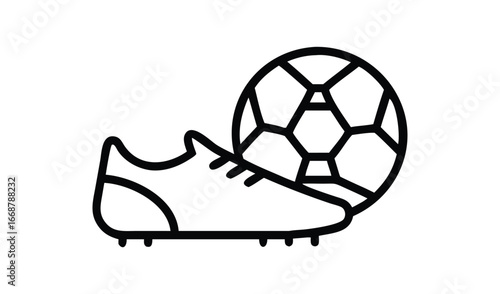 Simple line drawing of a soccer ball and cleat icon