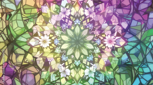 Softly Colored Stained Glass Mandala with Floral Accents and Geometric Fragments pastel.