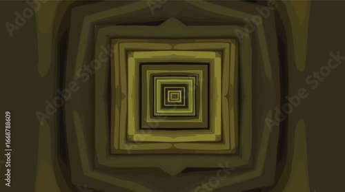 Tunnel effect of receding squares in earthy green and brown tones geometric abstract.