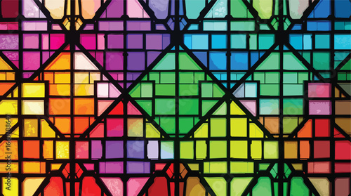Vibrant rainbow stained glass window with geometric grid pattern colorful.