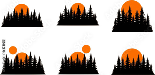 forest landscape with fir trees and orange sun vector silhouette set. forest landscape vector silhouette. forest silhouette vector
