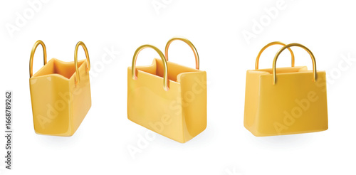 Yellow shopping bag. Sale, promotion, online shopping concept. 3D vector. Retail Shopping Symbol. Realistic cartoon style