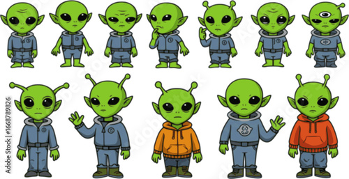 vector set of green aliens vector drawing
