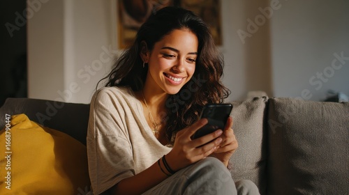 happy 20s young woman watching social media videos looking at smartphone relaxing on couch smiling hispanic girl enjoying using online mobile apps doing online shopping on cell phone at home no logos