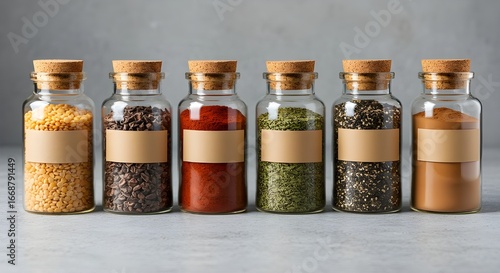 Colorful spices in glass jars with cork lids, ready for your next culinary project or creative food blog post