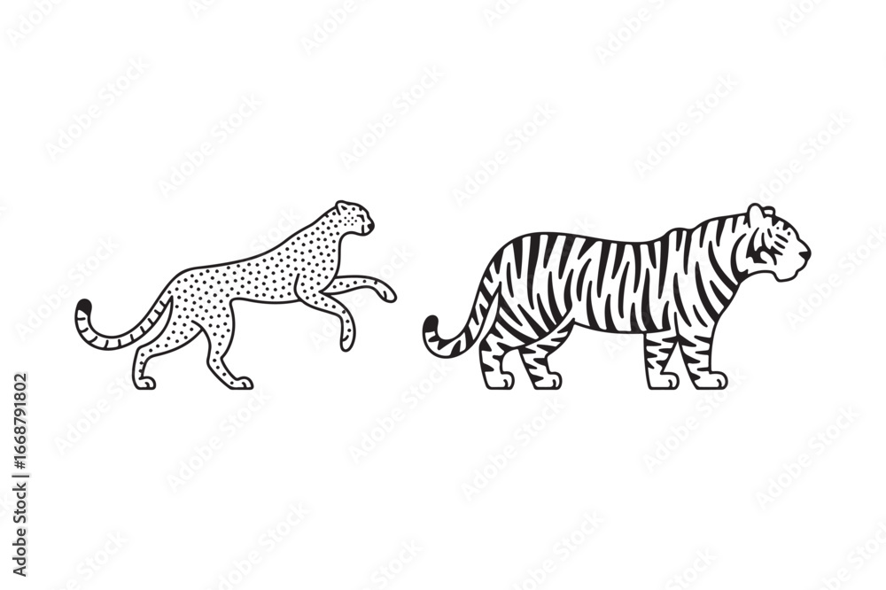 Fototapeta premium Stylized cheetah and tiger side by side illustration