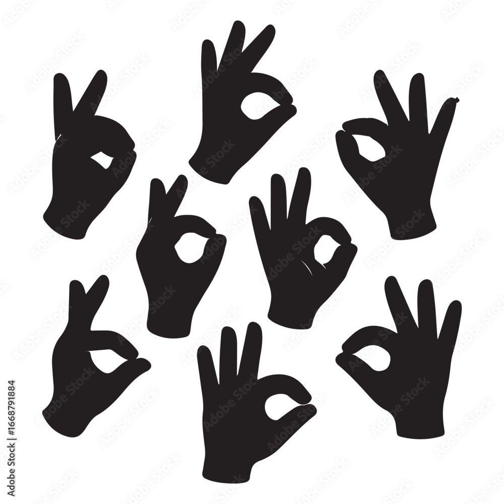 Fototapeta premium Multiple black okay hand gestures arranged on a white background okay gesture hand sign