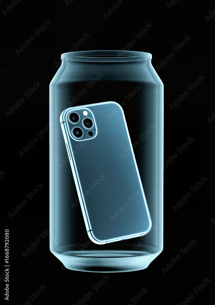 Fototapeta premium X-ray image of a closed tin can with a mobile phone handy inside