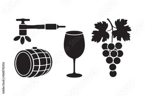 Wine making elements barrel tap glass and grapes silhouette