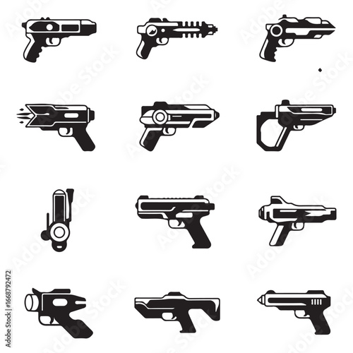 Collection of twelve black and white futuristic sci fi pistol icons futuristic weapon laser gun