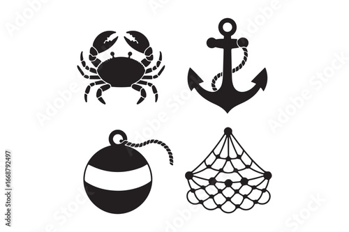 Nautical icons featuring crab anchor buoy and fishing net