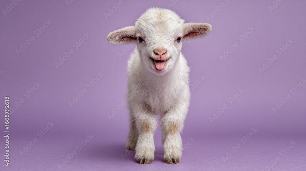 Fototapeta premium Cute lamb standing, tongue out, against a light purple background