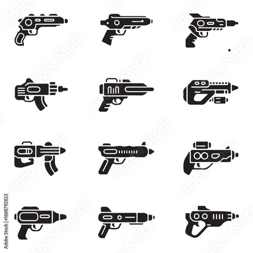 Twelve Black Silhouette Icons of Futuristic Ray Guns and Blasters sci fi science fiction
