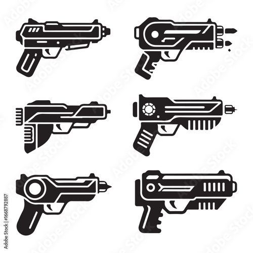 Six black futuristic pistol icons on white background weapon firearm