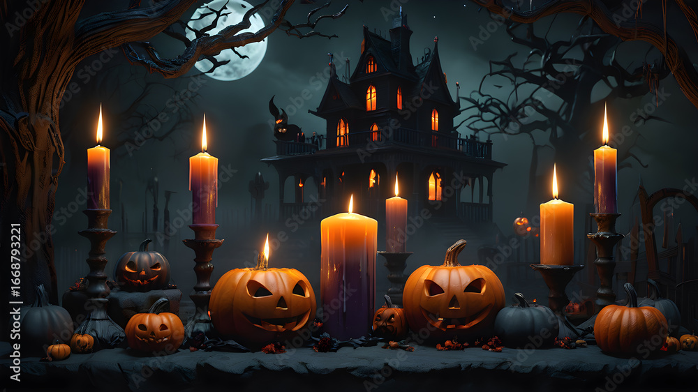 Obraz premium Halloween. Mushrooms and pumpkins with a castle and forest in the background 