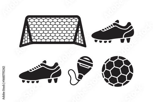 Soccer gear icons goal cleats ball and shin guard