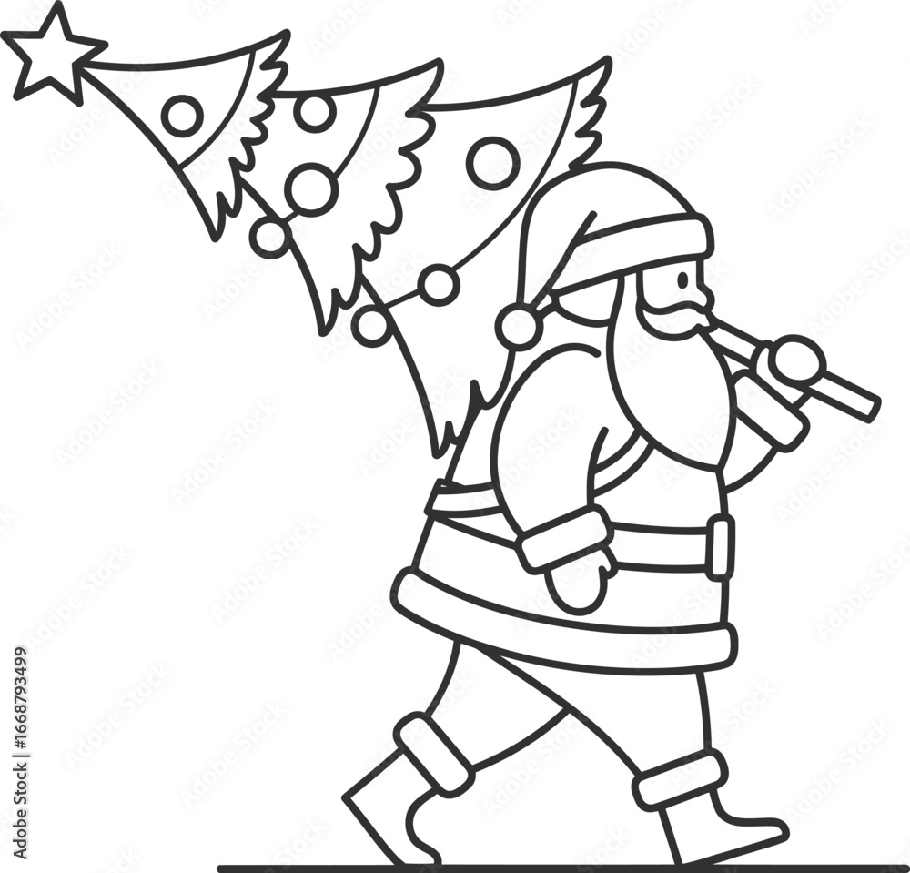 Fototapeta premium Christmas santa claus vector art of santa claus carrying christmas tree for christmas card design and new year celebration vector